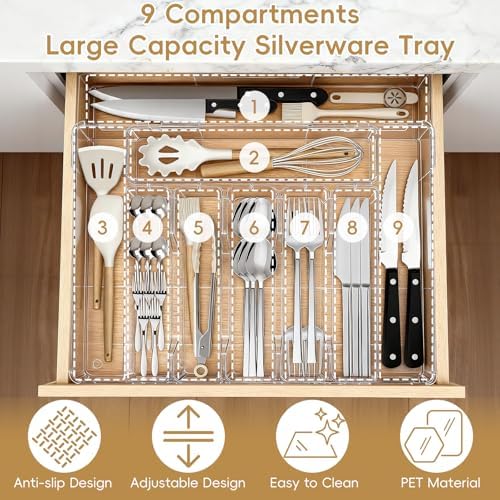 Expandable Silverware Organizers for Kitchen Drawer, Clear Utensil