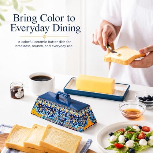 Boho Ceramic Butter Dish with Lid & Tray, Butter Keeper for Countertop