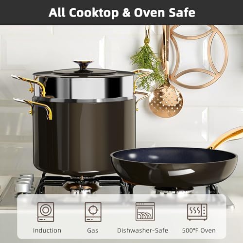 Nuwave Lux LE 13Pc Ceramic Cookware Set with Elegant Gold Handle, PFAS