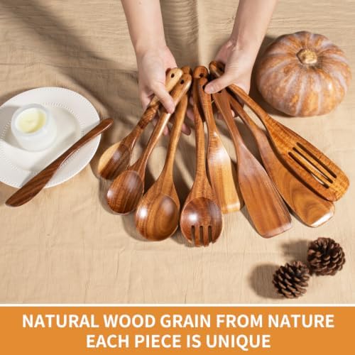 Wooden Spoons for Cooking, 9 Pcs Natural Teak Wood Kitchen Utensils