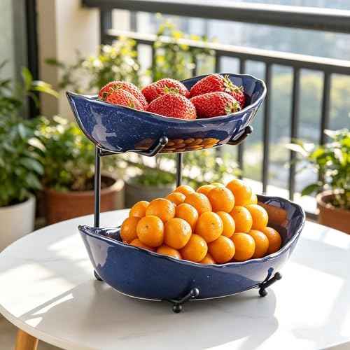 2-Tier Fruit Bowls for Kitchen Counter,Dark Blue Ceramic Bowl with Black Metal Stand,2 Tier Fruit Basket for Fruit,Snack,Cake,Nuts,Dessert Storage