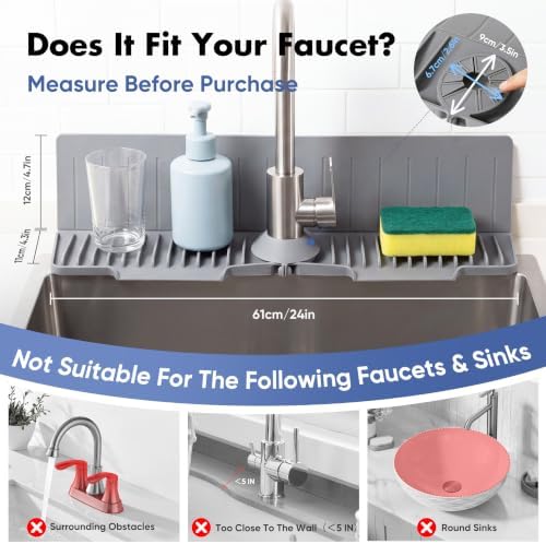 24 in Faucet Mat for Kitchen Sink, Sink Splash Guard, Grey