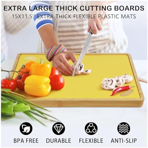 Bamboo Cutting Board Set with 6 Color-Coded Flexible Chopping Mats,BPA