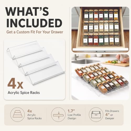 Acrylic Spice Drawer Organizer 4 PK, Expandable 13"-26" Acrylic Spice