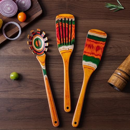 3-Piece Pakkawood Kitchen Utensil Set Includes Pasta Fork, Long Handle