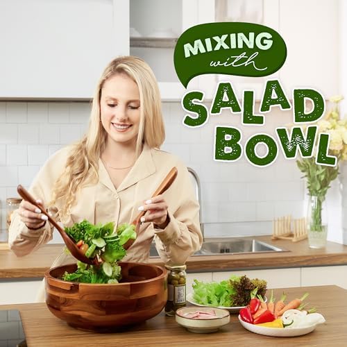 Tidita 12" Salad Bowl Set with Serving Utensils, Solid Wood, Generous