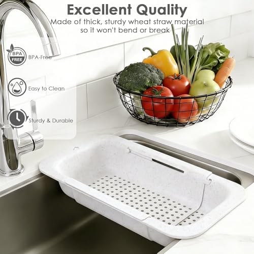 Over the Sink Colander Strainer Basket, Extendable Colander and