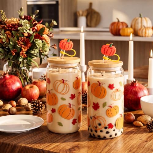 16 oz Fall Pumpkin Glass Cup With Lid & Straws Pumpkin Gifts for Women