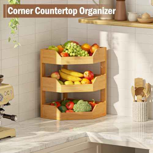 3 Tier Bamboo Corner Fruit Basket for Kitchen Counter, Large Fruit Holder