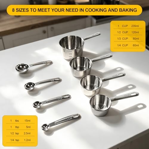 8 PCS Stainless Steel Measuring Cups and Spoons Set, Premium Measure