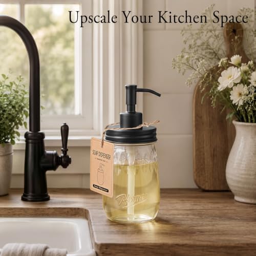 Amolliar 16 Oz Glass Mason Jar Soap Dispenser w/Metal Pump, Black