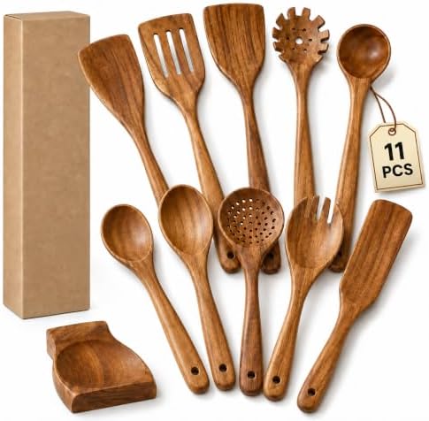 11-Piece Teak Wood Kitchen Utensil Set