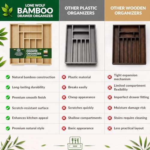 Expandable Bamboo Silverware Drawer Organizer, Utensil Holder, Natural