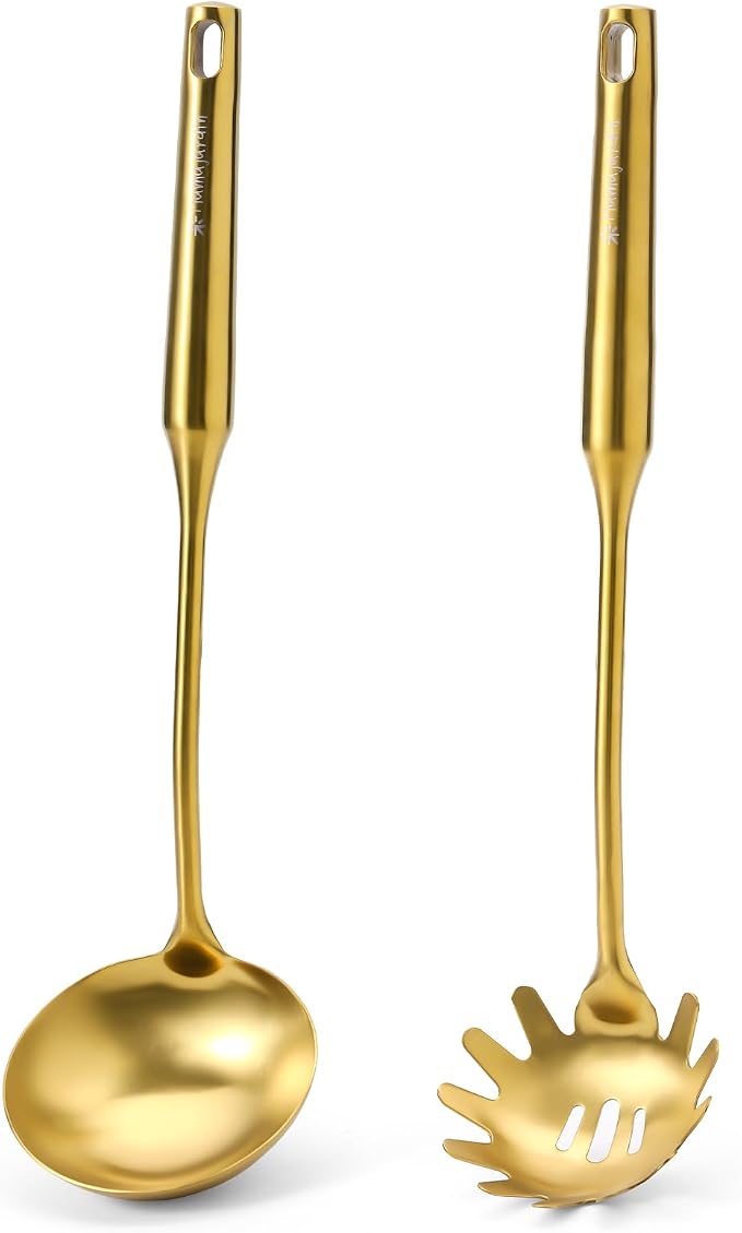 Gold Soup Ladle and Spaghetti Spoon Set by Mamajardin