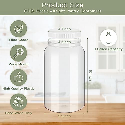 Dandat 8 Pcs 1 Gallon Clear Plastic Jars Airtight Pantry Large Mouth