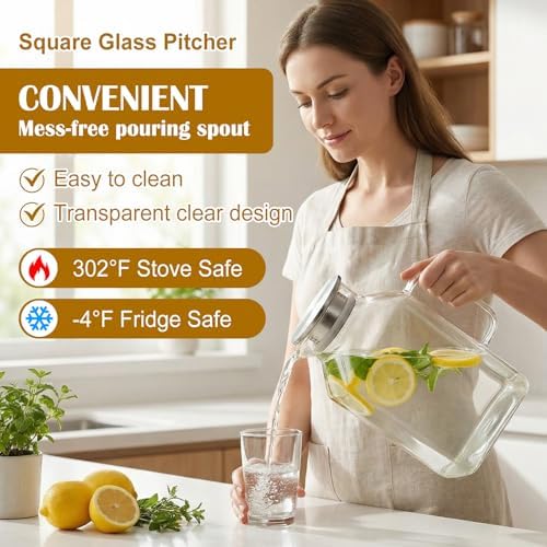 Gisafai 2 Pack 1 Gallon Square Glass Water Pitcher with Lid Spout