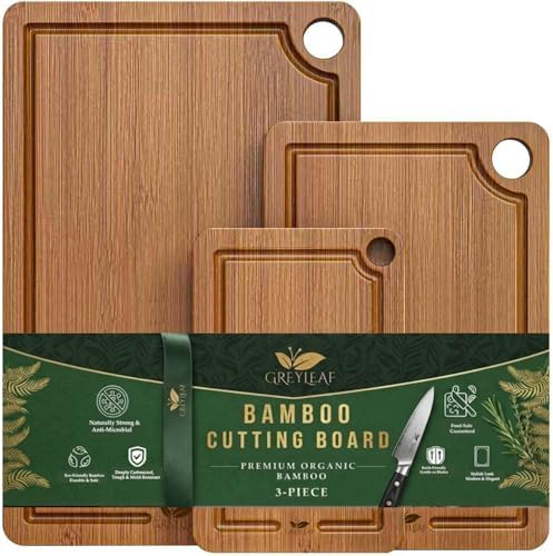 Bamboo Cutting Board Set of 3 with Juice Grooves, Built-in Handles &