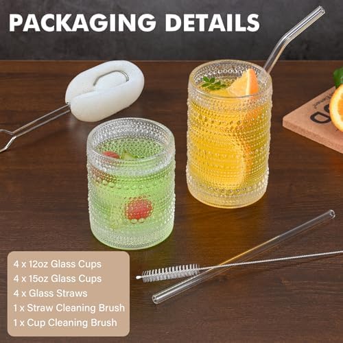 ZMOWIPDL 12oz & 15oz Hobnail Drinking Glasses,Clear Glass Cups Set of