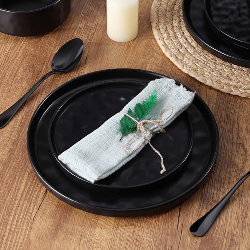 LIANYU 12 Pieces Stoneware Dinnerware Set for 4, Obsidian Matte Black