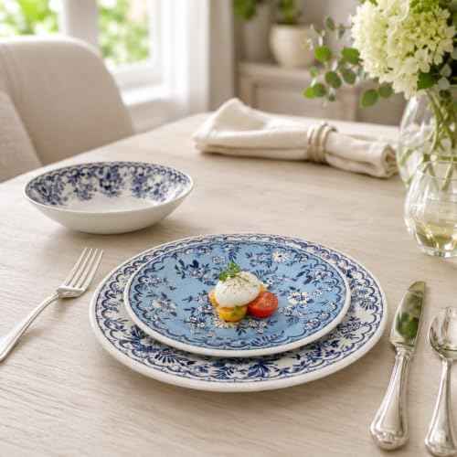 TUDOR ROYAL 12-Piece Porcelain Round Dinnerware Set, Service for 4, MING FLOWER Design, Blue Floral, Plates Bowls Dishes, Premium Quality Tableware, Unique Pattern, Glossy