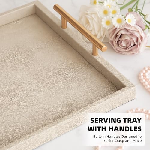 Modern Decorative Tray Set of 2 Ivory Shagreen Leather and Wood
