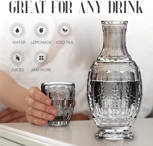 Elle Decor Bedside Water Carafe and Glass Set - Tumbler Lid, Vintage