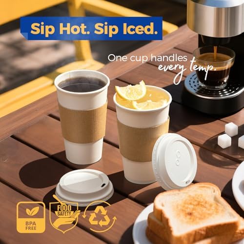 Fit Meal Prep 50 Pack 16 oz Disposable Coffee Cups with Lids, Sleeves