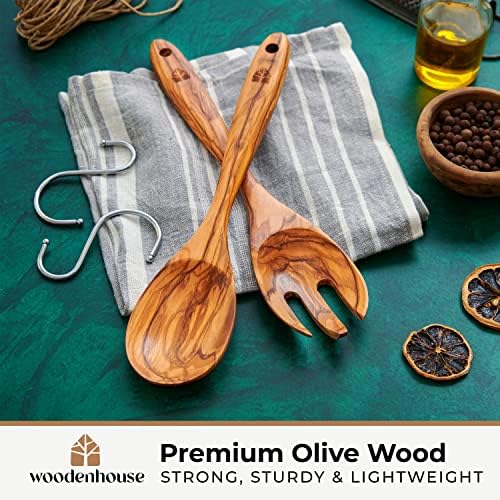 Wooden Salad Tongs, 12" Olive Wood Serving Fork & Spoon Utensils Set