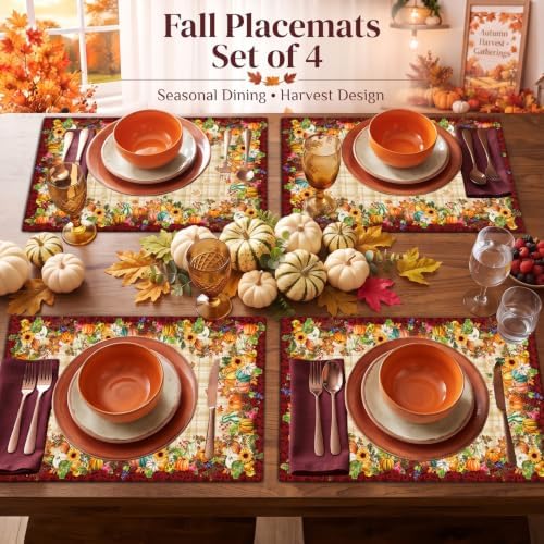 Double Sided Fall and Halloween Linen Placemats Set of 4, 12"x18"