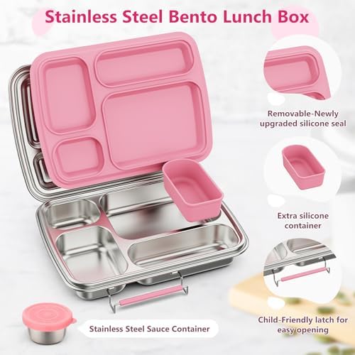 Stainless Steel Bento Lunch Box, 4 Compartments, Pink