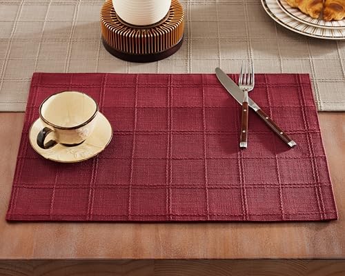 ZeeMart Linen Checked Farmhouse Placemats Set of 6, Burgundy 13x19in