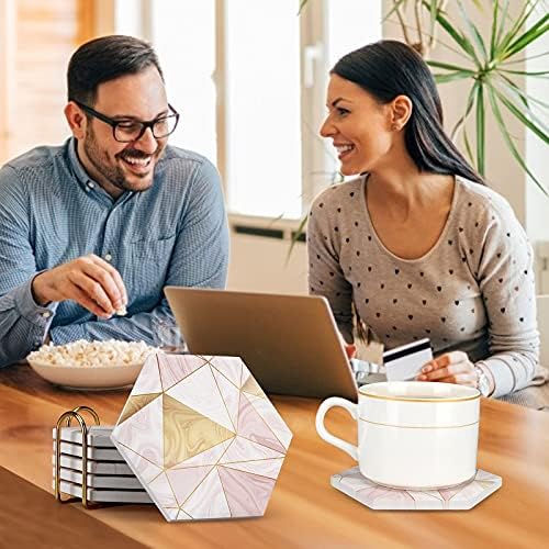 6 Pcs Cute Pink Absorbent Marble Coasters for Drink with Holder Coster