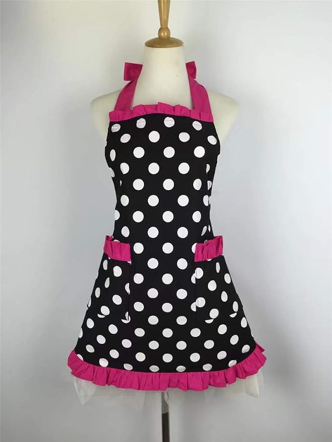Hyzrz Cute Apron Retro Black Polka Dot Retro Ruffle Side Vintage Cooking Aprons - Image 4