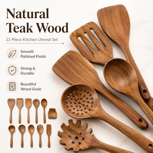 11-Piece Teak Wood Kitchen Utensil Set