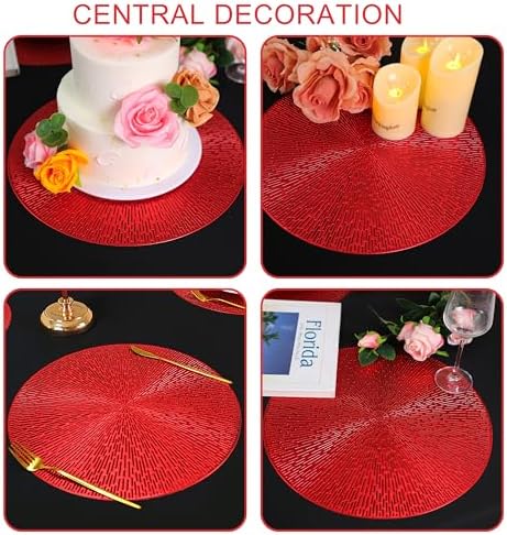 Snowkingdom Red Placemats Set of 6, Round Vinyl Metallic Hollow
