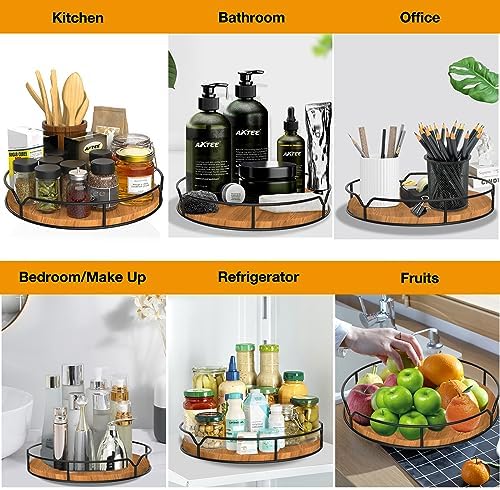 Lazy Susan Turntable Organizer for Cabinet Pantry Kitchen Countertop Refrigerator Cupboard, Pine Wood, 9", Carbonized Black