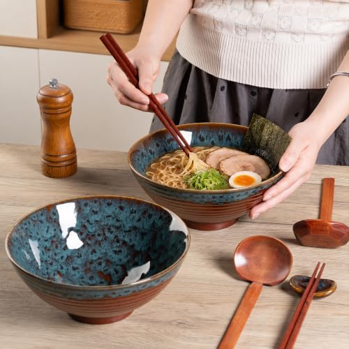 40oz Japanese Ceramic Ramen Bowl Set of 2 with Chopsticks and Spoons