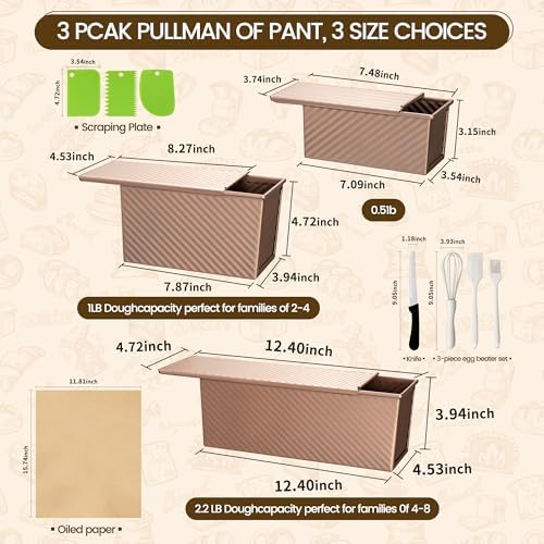 3 Pack Pullman Loaf Pan with Lids, Non-Stick Bread Loaf Pan, Heavy