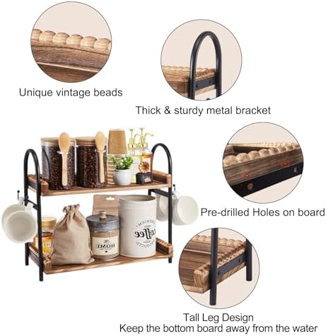 BDBDYEAY 2-Tier Coffee Bar Organizer with 4 Cup Holder Hooks