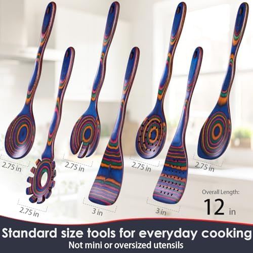 HOWHONG 7-Piece Pakkawood Cooking Utensils Set, Colorful Wooden Spoons