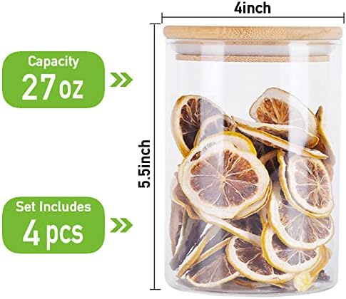Aoeoe 4 Pack Glass Storage Jars with Airtight Bamboo Lid, 27 OZ Glass
