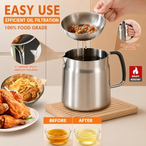 68oz 3-in-1 304 Stainless Steel Oil Filter Pot with Fine Mesh Oil