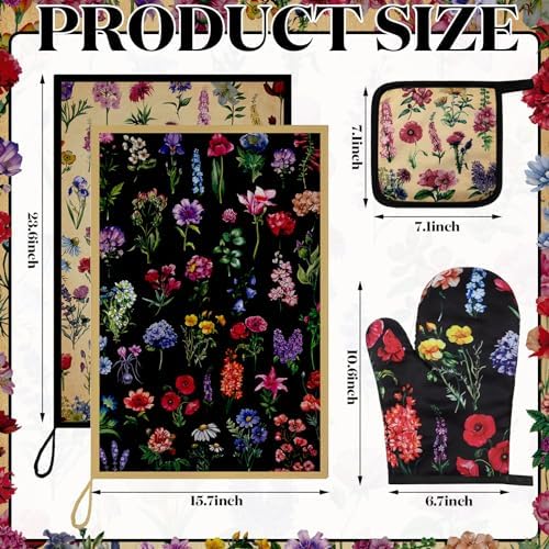 Bencailor 6 Pcs Vintage Flower Kitchen Towels Oven Mitts and Pot
