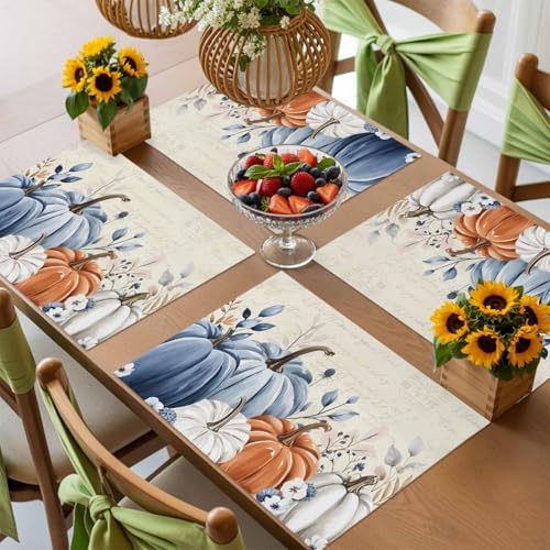 Fall Placemats Set of 4 Blue Pumpkin Place Mats Floral Leaves Autumn