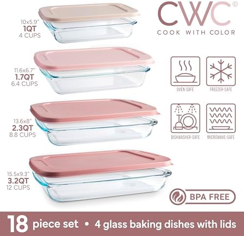 COOK WITH COLOR 8-Piece Glass Baking Dish Set with Lids, Pink