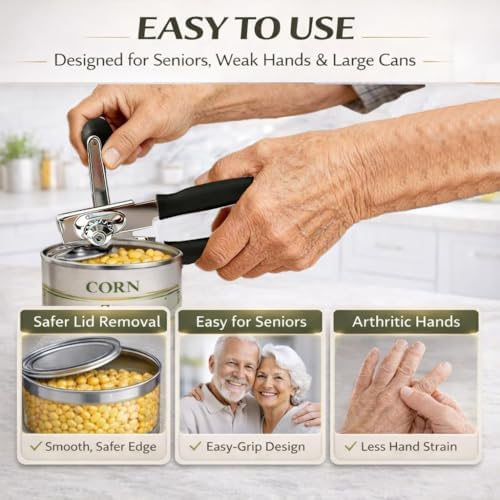Heavy Duty Manual Can Opener for Seniors & Adults with Magnetic Lid