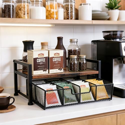 Tea Bag Organizer, Wooden Tea Storage Box with Metal Drawer