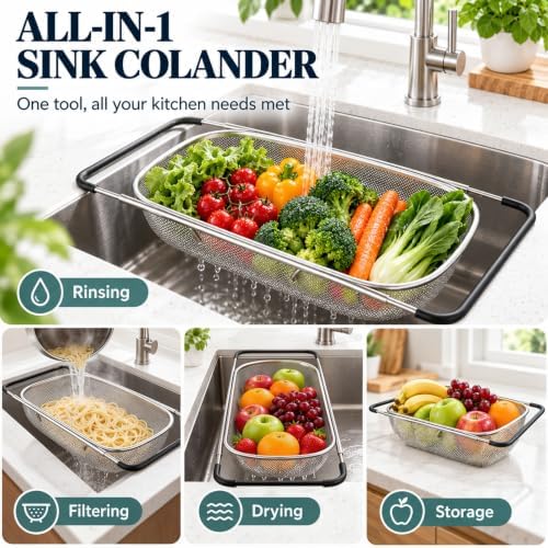 2PCS Over the Sink Colander, Expandable Stainless Steel Colander