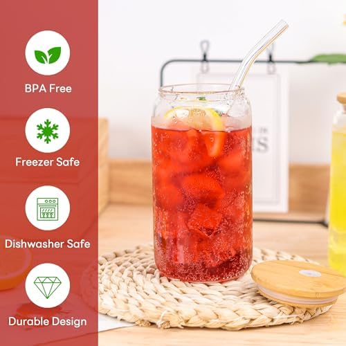 Joyclub 8pcs 16Oz Glass Cups with Bamboo Lids and Straws Drinking