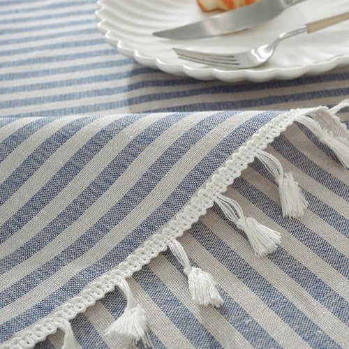 meioro Rectangle Striped Tassels Tablecloth Cotton Blend Stain and